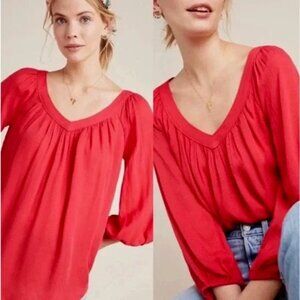 Maeve Anthropologie Red Boswell Blouse V‑Neck Balloon Sleeve Boho Romantic Top 6